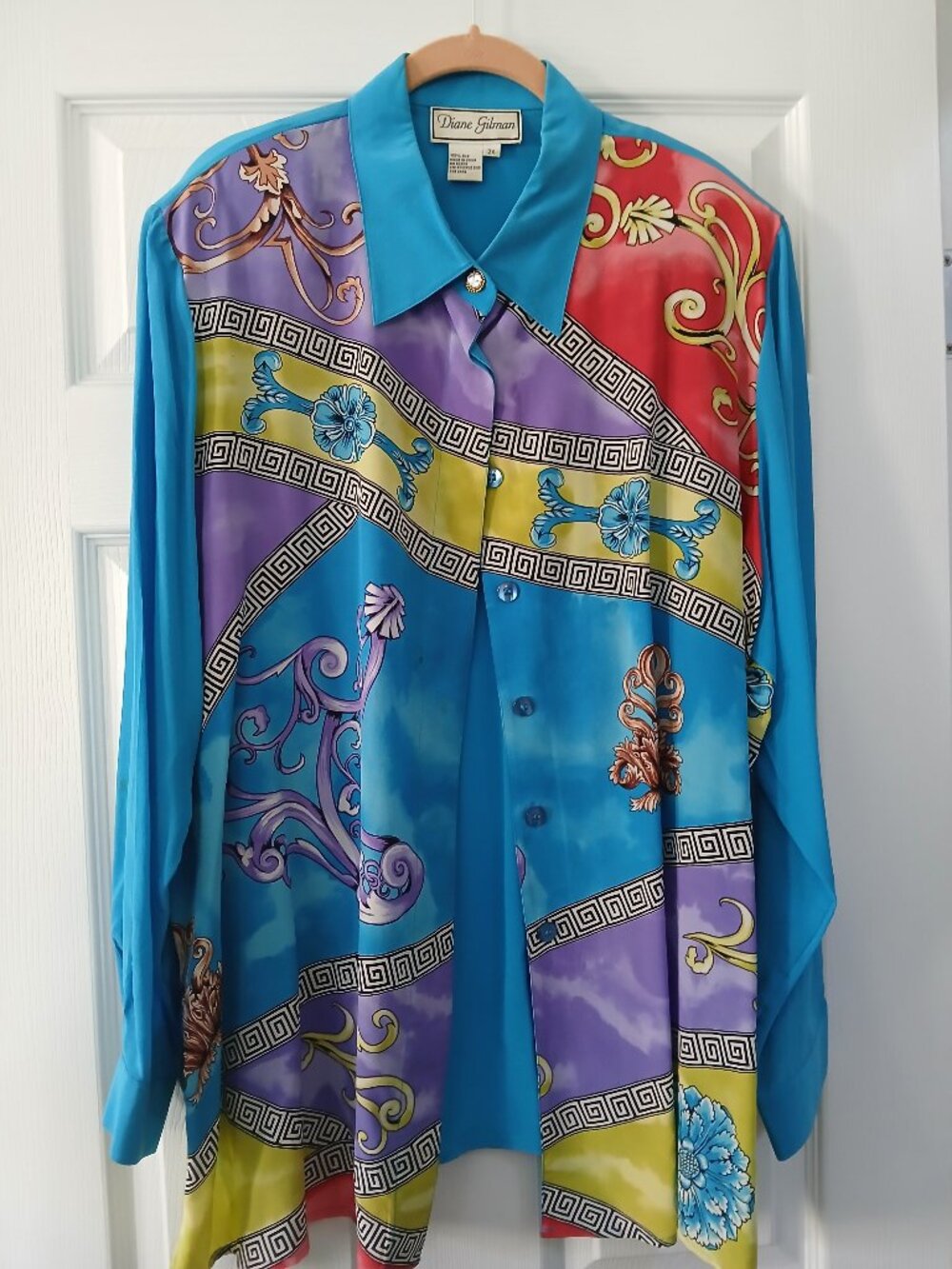 Diane Gilman Vintage 100% Silk Baroque Scarf Print Button Down Blouse 2X